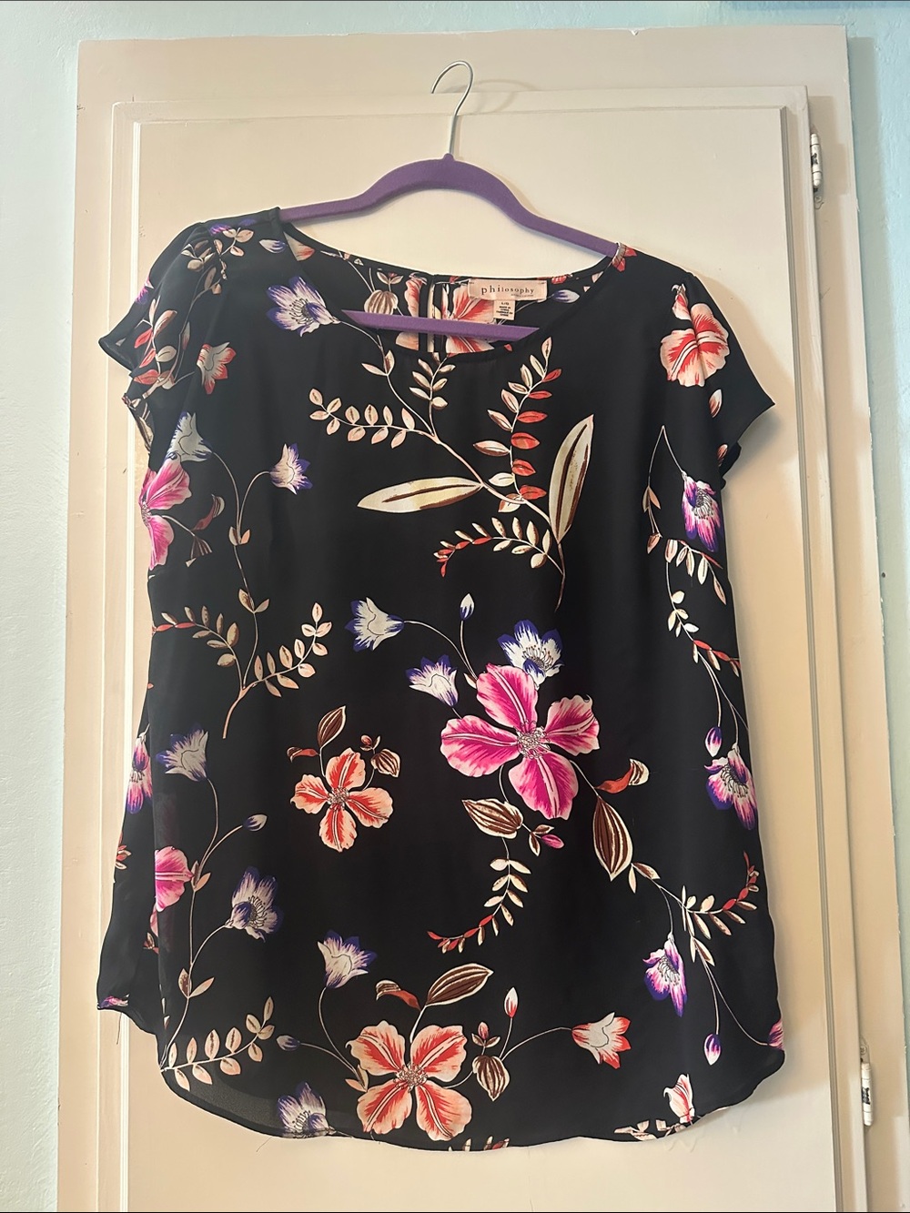 Philosophy Black Floral Short-Sleeve Blouse with Pink & Purple Blooms